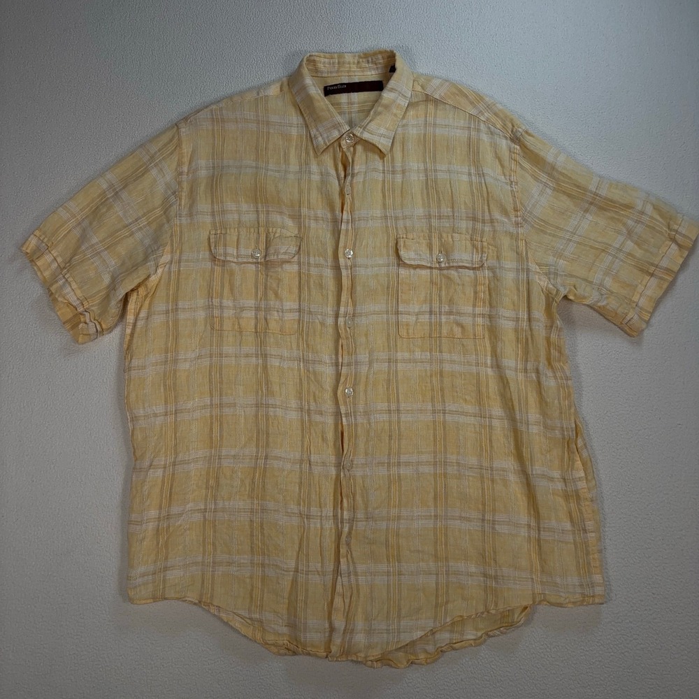 Perry Ellis Linen Shirt Men's L Orange Yellow Plaid‎ Flap Pockets Button Up